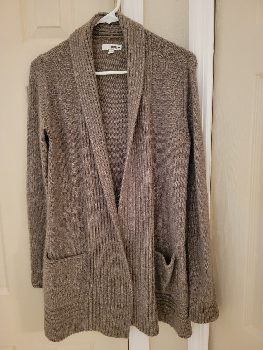 Sonoma Taupe Open-Front Ribbed Shawl Collar Cardigan